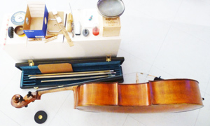 A table of instruments prepared by Gary Rouzer for performance